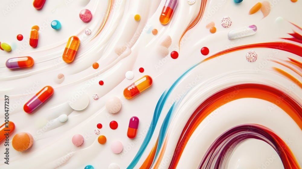 Poster beautiful capsules and pills form swirling trails, creating a mesmerizing abstract pattern on a whit