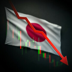 Downward arrow chart crashing, with the words Market Crash and Japanese flag displayed in red behind it. Illustrating economic downturns, financial crisis, or stock market failures