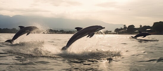 Fototapeta premium Dolphins Leaping Through the Water at Sunset