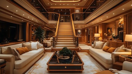 Luxurious living room interior design with wooden floors, white sofas, and a grand staircase
