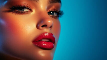 Fototapeta premium A photo shoot of a beautiful female model with a shiny lip gloss, the photo was taken with a flash on a canon g7x