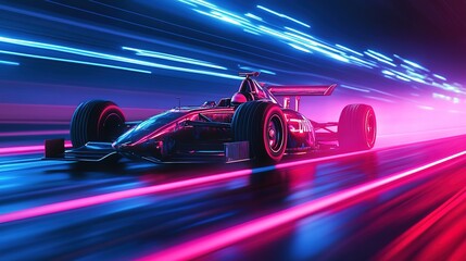 Naklejka premium A futuristic Formula racing car speeding along a vibrant neon track, showcasing its sleek design and advanced technology. This electric vehicle is set against a dazzling backdrop of neon lights, 