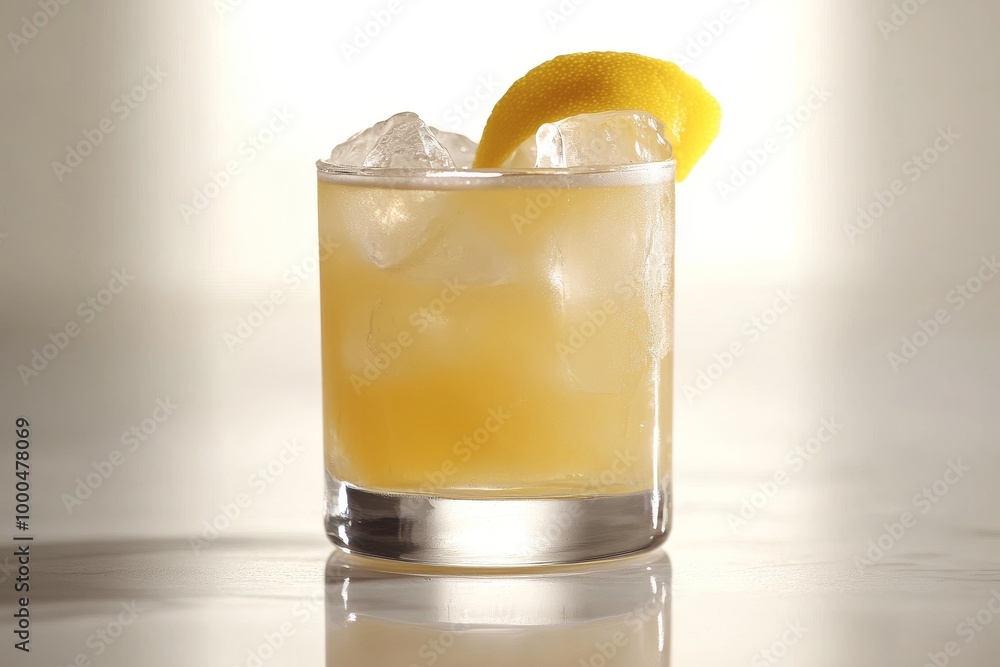 Poster old fashioned glass filled with a lemon cocktail and ice cubes set against a soft gray backdrop crea