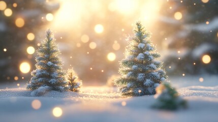 Obraz premium Snow-covered pine trees glow in a foggy winter landscape, illuminated by soft bokeh light