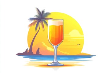 Tropical vector illustration of a cocktail in a glass with a sunset and palm tree background evoking a relaxed and sunny vacation vibe