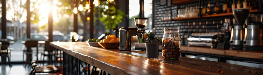 Fototapeta premium Local cafe with cozy seating, inviting and vibrant, Urban, Soft tones, Photograph, Culinary charm
