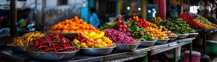 Local market with fresh produce, vibrant and bustling, Urban, Bright hues, Photograph, Market life