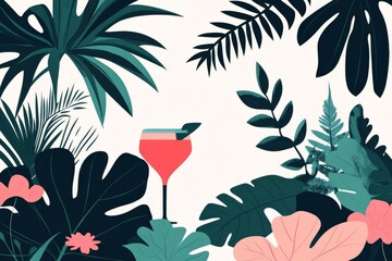Obraz premium Tropical vector illustration featuring a cocktail and palm leaves set against a botanical backdrop evoking a vibrant and relaxing vacation atmosphere
