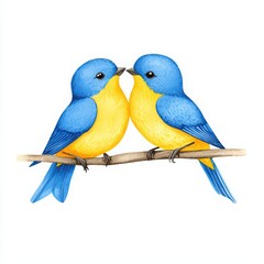 Two colorful birds perched closely, showcasing vibrant blue and yellow feathers.