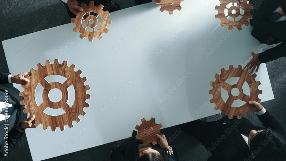 Poster top view of smart business people gather wooden cog together at meeting. group of project manager he