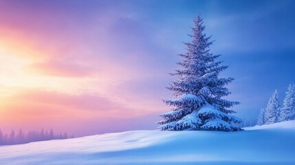 Fototapeta premium A serene snow-covered Christmas tree stands in a winter landscape beneath a vibrant blue and purple sky at sunset