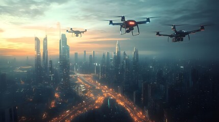 Futuristic city skyline with tall sleek buildings captured in pictures