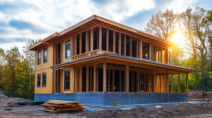 New house construction in a wooded area at sunset
