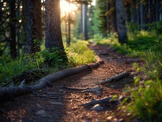 Pine forest trail with tall trees, serene and inviting, Nature, Soft greens, Photograph, Woodland beauty