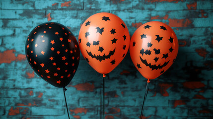 Three Halloween balloons, black and orange with star and jack-o-lantern designs, against a brick wall.