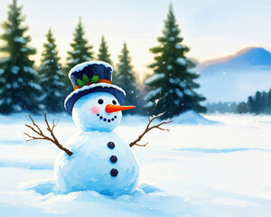 Obraz premium Fröhlicher Schneemann mit einem schwarzen Hut, einem orangefarbenen Karotten-Nasen, Für Weihnachtskarten, Blog-Designs, Websites, Illustration von Wintermärchen. Generative KI 