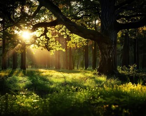 Obraz premium Sunlit forest with tall trees, serene and expansive, Nature, Soft greens, Photograph, Woodland beauty
