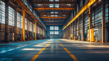 Obraz premium Spacious industrial warehouse with bright sunlight