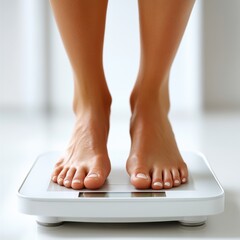 Person weighing themselves on a scale, focusing on feet and measurement. Healthy lifestyle.