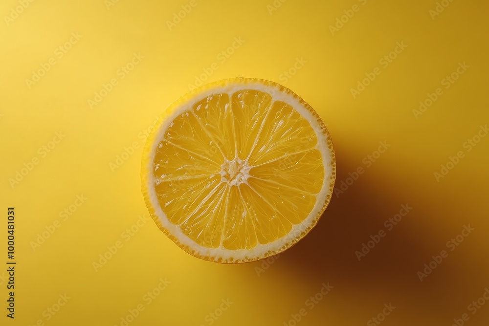 Poster close up of a single yellow lemon slice placed against a solid yellow background evoking simplicity 