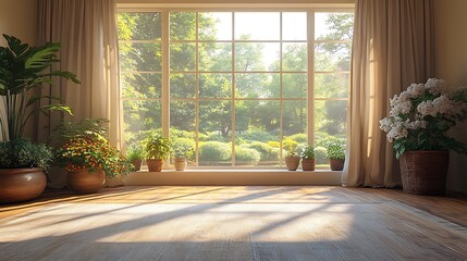 Fototapeta premium Sunbeams streaming through window in modern home with houseplants and green garden view