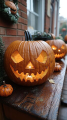 Obraz premium A carved jack-o'-lantern with a lit candle inside sits on a wooden porch.