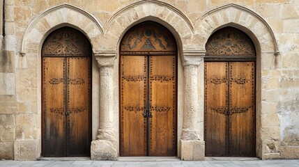 Fototapeta premium A captivating presentation slide featuring three large doors on a single wall, designed for a museum exhibit focusing on the appearance and significance of Christianity.
