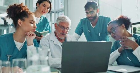 Nurse, team and doctor with laptop for discussion in boardroom with healthcare training and surgery planning. Medicine, students or diversity group with mentor for medical brainstorming or explaining - Powered by Adobe