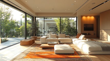 Fototapeta premium Modern Living Room Interior Design with Large Windows, White Couches, and Orange Rug
