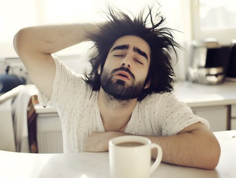 A young man with funny messy hair sits tiredly at a kitchen table enjoying a cup of coffee in the morning. Monday morning blues or hangover.