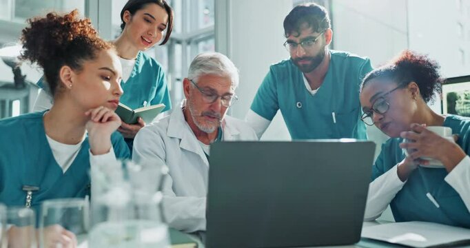 Nurse, team and doctor with laptop for discussion in boardroom with healthcare training and surgery planning. Medicine, students or diversity group with mentor for medical brainstorming or explaining - Powered by Adobe
