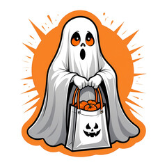 Obraz premium Cute Ghost Saying Boo Surrounded by Spooky Halloween Creatures Pumpkins Skeletons Witches Haunted House Moonlit Night Cartoon Illustration Orange Black Sticker Style Party Decoration 