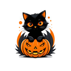 Funny Witch Cat in Hat Brewing Potion at Spooky Halloween Party Night with Abandoned House Bats Moon Fog Cartoon Illustration Orange Black Sticker Style Decoration Costume
