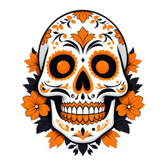 Spooky Glowing Eyes Skull Monster Ghost Haunted Graveyard Halloween Night Abandoned House Bats Fog Full Moon Horror Cartoon Illustration Orange Black Sticker Style
