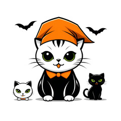 Obraz premium Funny Witch Cat in Hat Brewing Potion at Spooky Halloween Party Night with Abandoned House Bats Moon Fog Cartoon Illustration Orange Black Sticker Style Decoration Costume 