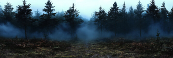 Fototapeta premium Mysterious path through a foggy forest.