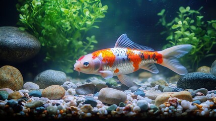 Naklejka premium A vibrant koi fish swimming gracefully in an aquarium, surrounded by smooth stones and lush seaweed. The rich colors of the koi contrast beautifully with the tranquil aquatic environment, 