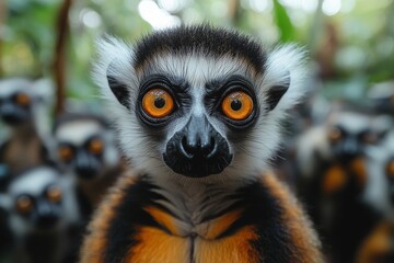 Obraz premium Close-up of a lemur with striking orange eyes surrounded by other lemurs in a dense forest.