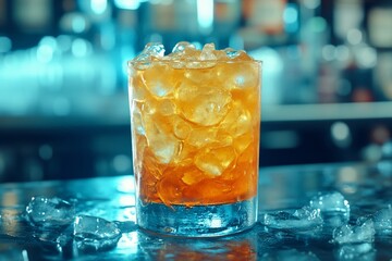 Whiskey glass filled with ice cubes and whiskey set against a blue lit bar backdrop evoking a cool refined and urban vibe