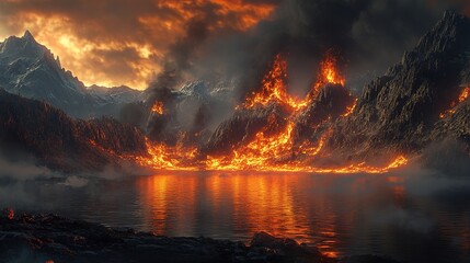 Fototapeta premium A breathtaking landscape featuring a tranquil lake at the center, surrounded by majestic mountains, with vibrant flames flickering against the rocky terrain. The contrast between the calm water 