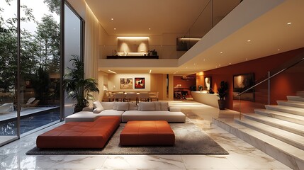 Modern Living Room Interior Design with Double Height Ceiling, White Marble Floor and Large Windows