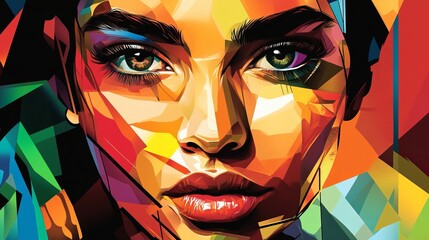 Geometric digital portrait with multiple colors.