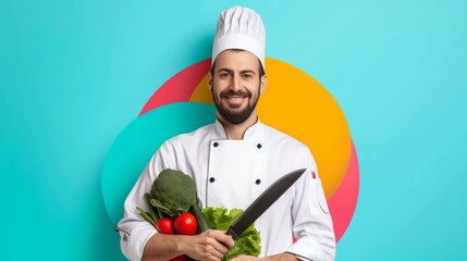 A colorful portrait of a smiling chef in a white uniform, holding fresh vegetables and a kitchen knife. The vibrant background and cheerful expression evoke a sense of professionalism, culinary skills