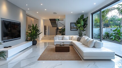 Fototapeta premium Modern living room interior design with white sectional sofa and large windows, contemporary home decor