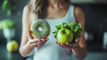 Woman on the idea of dieting for health. Close-up woman selecting vegetables and a green apple for health and pushing out her favorite doughnut. 