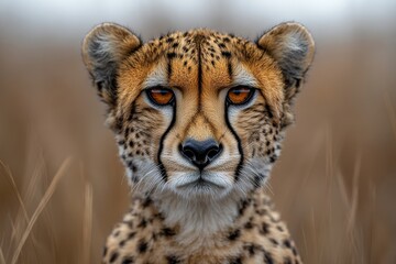 Obraz premium Close-up of a majestic cheetah with striking amber eyes, showcasing its intense gaze in a natural habitat.
