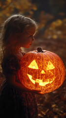A young girl holds a glowing jack-o'-lantern in a fall setting.