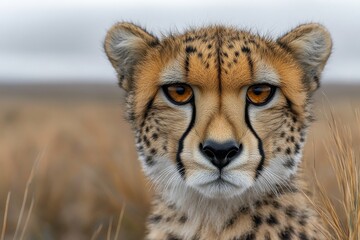 Obraz premium Close-up of a cheetah's face with intense eyes and detailed fur in a natural habitat.