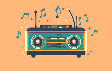 Obraz premium Colorful Retro Boombox with Musical Notes and Abstract Background