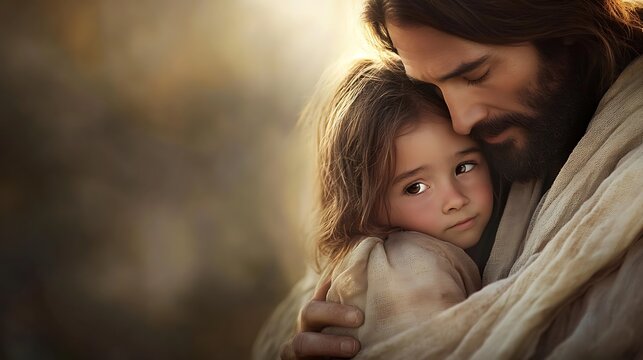 Jesus Christ holding a young girl close, expressing love and compassion.